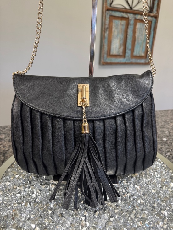 Mix No. 6 Handbags - Mix No. 6 Black Pleated Crossbody Bag with Tassel and Gold crossbody Chain